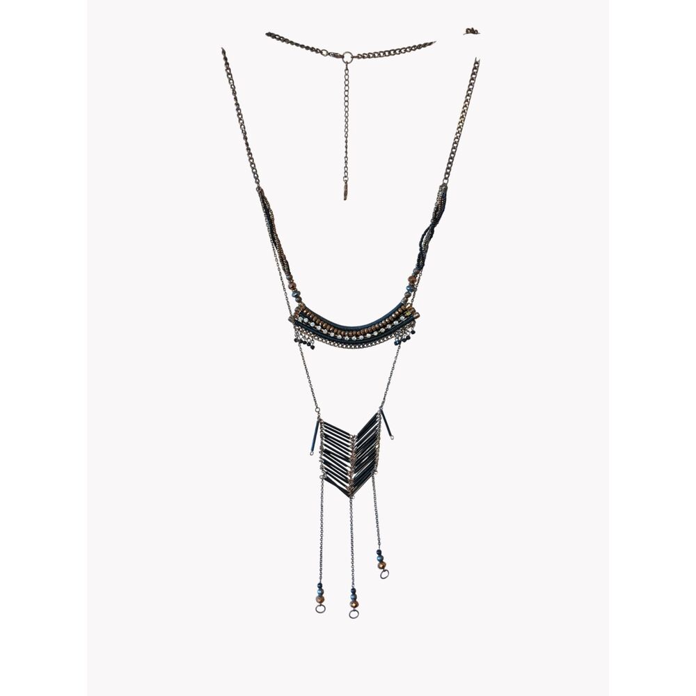 Body Harness Necklace Multi Strand Brass Glass Collar Chains Breastplate Boho